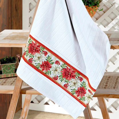 Toalla decorativa navideña con cenefa Patchwork Poinsetias Blanca