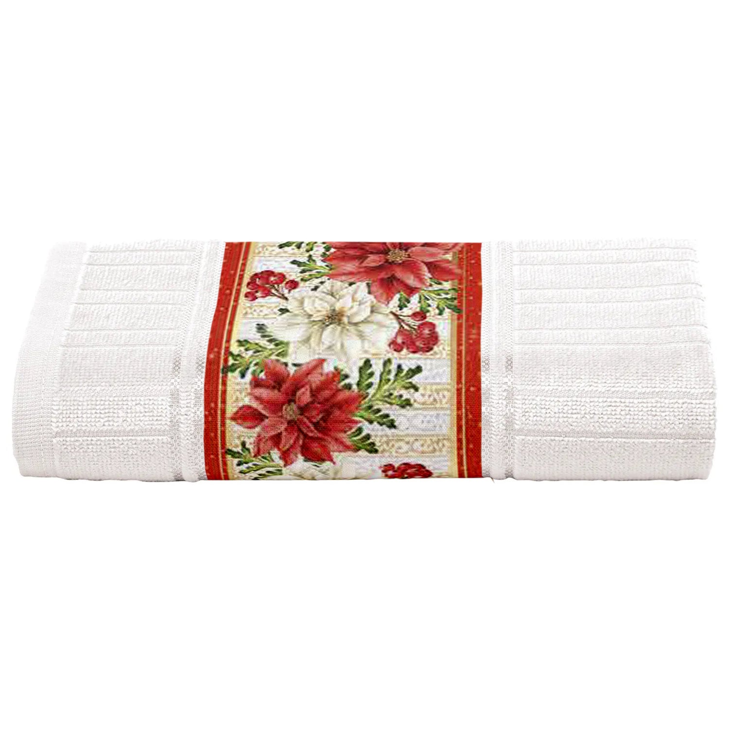 Toalla decorativa navideña con cenefa Patchwork Poinsetias Blanca