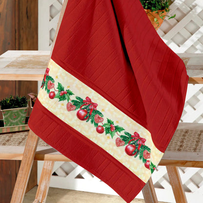 Toalla decorativa navideña con cenefa Patchwork Adornos Roja